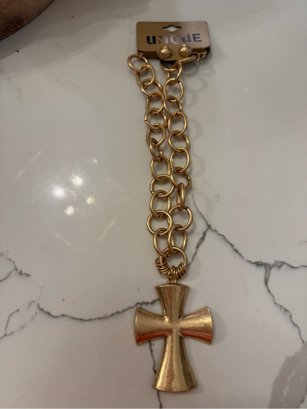 NWT Gold Boutique Cross Necklace & Earrings Set Unique Jewelry Big Statement